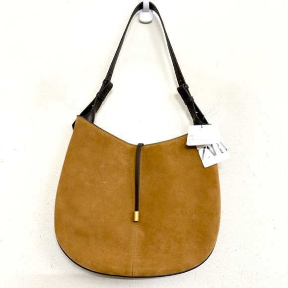 NWT ZARA Suede Leather Shoulder Bag – Brown Cowhide & Camel - Equestrian Boho - Picture 7 of 17